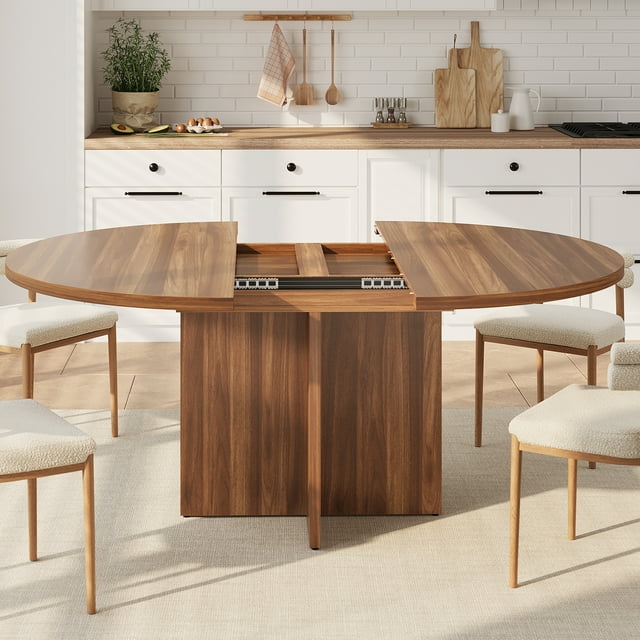 EDTara Space-Saving Extendable Dining Table, 43.3" Round Table Expands To 59" Oval With Removable Leaves for Kitchen or Living Room