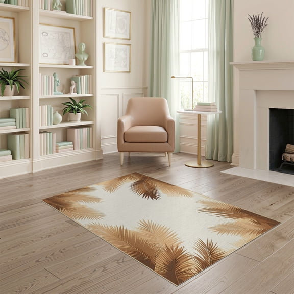 ODIKA Tropical Palm Frond Botanical Symmetrical Motif Border Rectangular for Playroom, Bedroom, Reading Nook, Pet Friendly & Kids Safe Play
