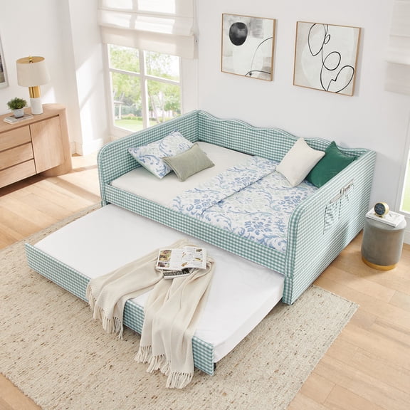 Full 3-in-1 Upholstered Daybed with Pop-Up Trundle, Wavy Backrest and Side Storage Pockets, Convertible Sofa Bed