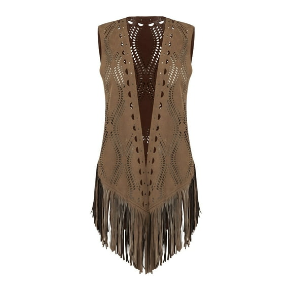 Cardigan Sweaters For Women Gothic Cowboy Sleeveless Long Tassel Vest Music Tank Tops Cardigan Jacket Polyester Print Cardigan Outerwear Jackets 1Pc Brown L Sweaters For Women