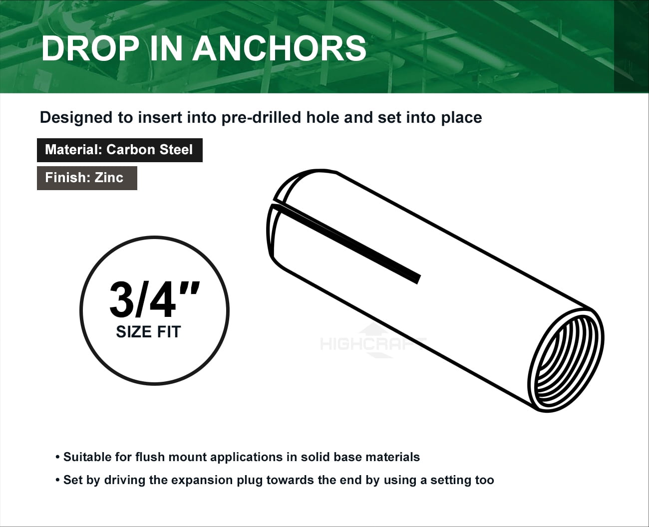 Highcraft 3/4" Drop-In Anchors Zinc Plated Steel, Knurled, 25 Pk