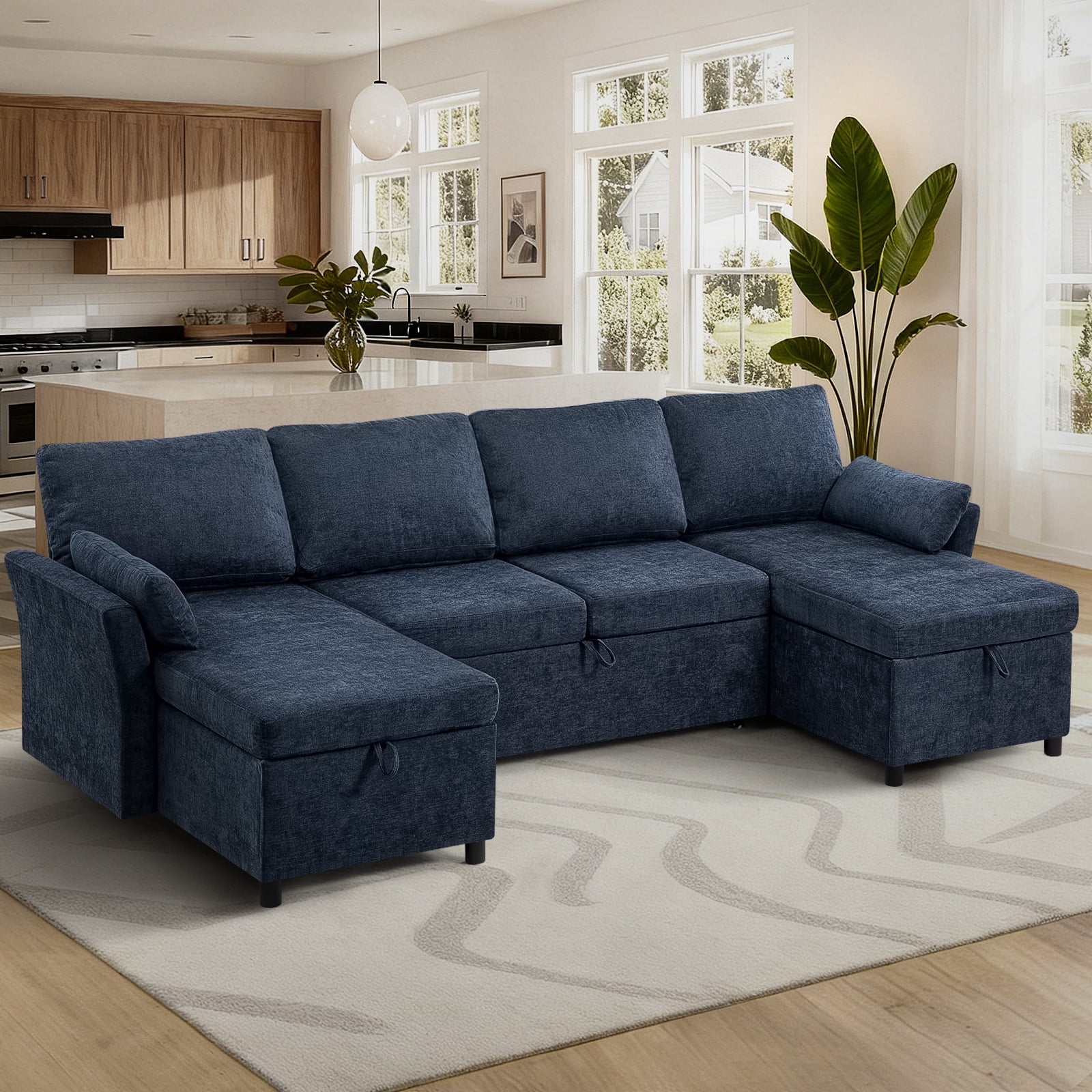 ACMEASE 107 Inches Fabric Sectional Sofa with Pull Out Sofa Bed, Modern U Shaped Sofa with Throw Pillows, Comfortable Sleeper Couch with Storage Chaise for Living Room, Blue