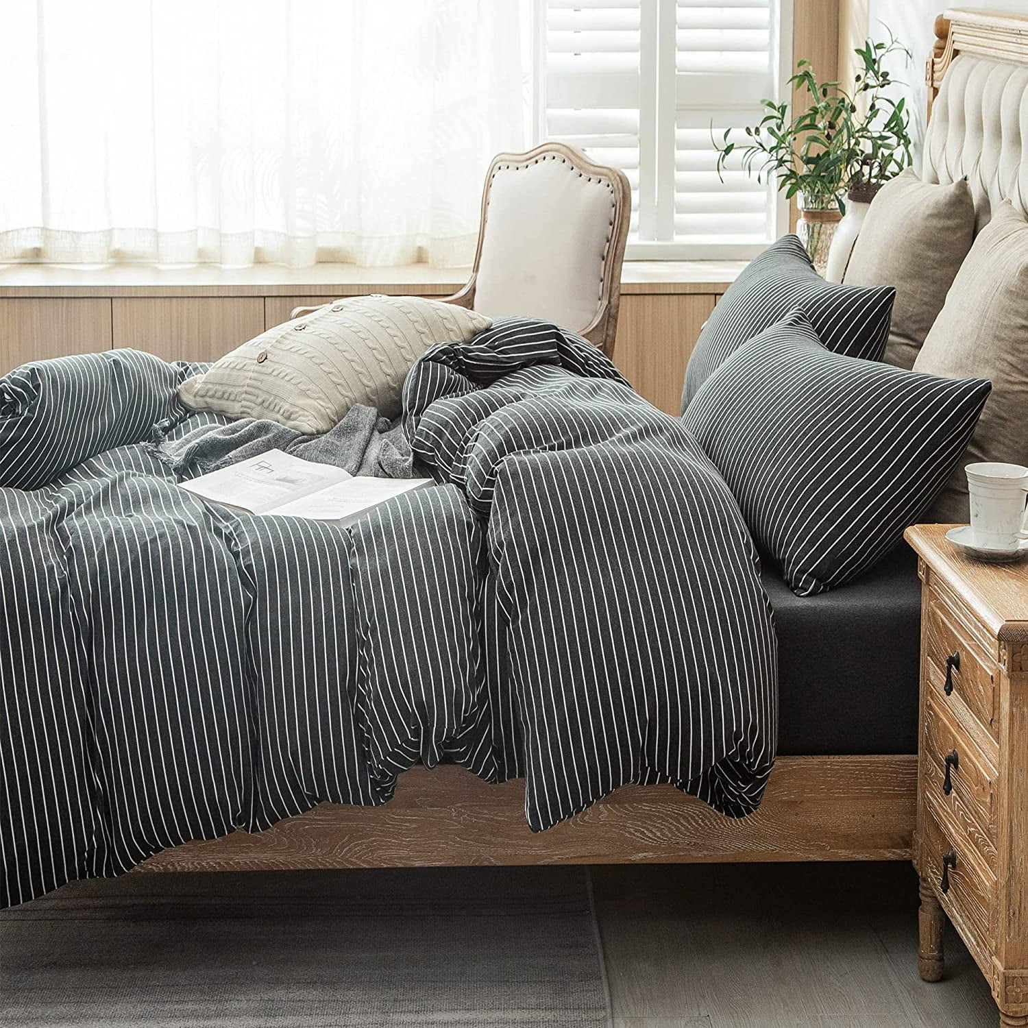 PURE ERA Duvet Cover Set - Ultra Soft Heather Jersey Knit Cotton Home Bedding Narrow Pinstripes Black & White King Size, 1 Comforter Cover and 2 Pillow Shams