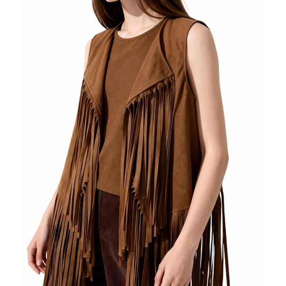 Women Fringe Vest 70s Hippie Faux Suede Sleeveless Tassels Cardigan Cowgirl Western Tops Brown XL