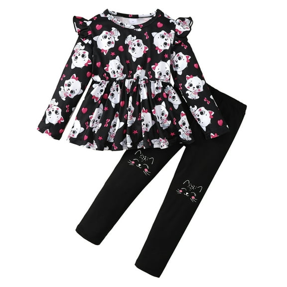 4T Baby Girls Clothes 4T Girls Pant Set Toddler Girls Long Sleeve Round Neckline Top Pants 2PCS Set Black
