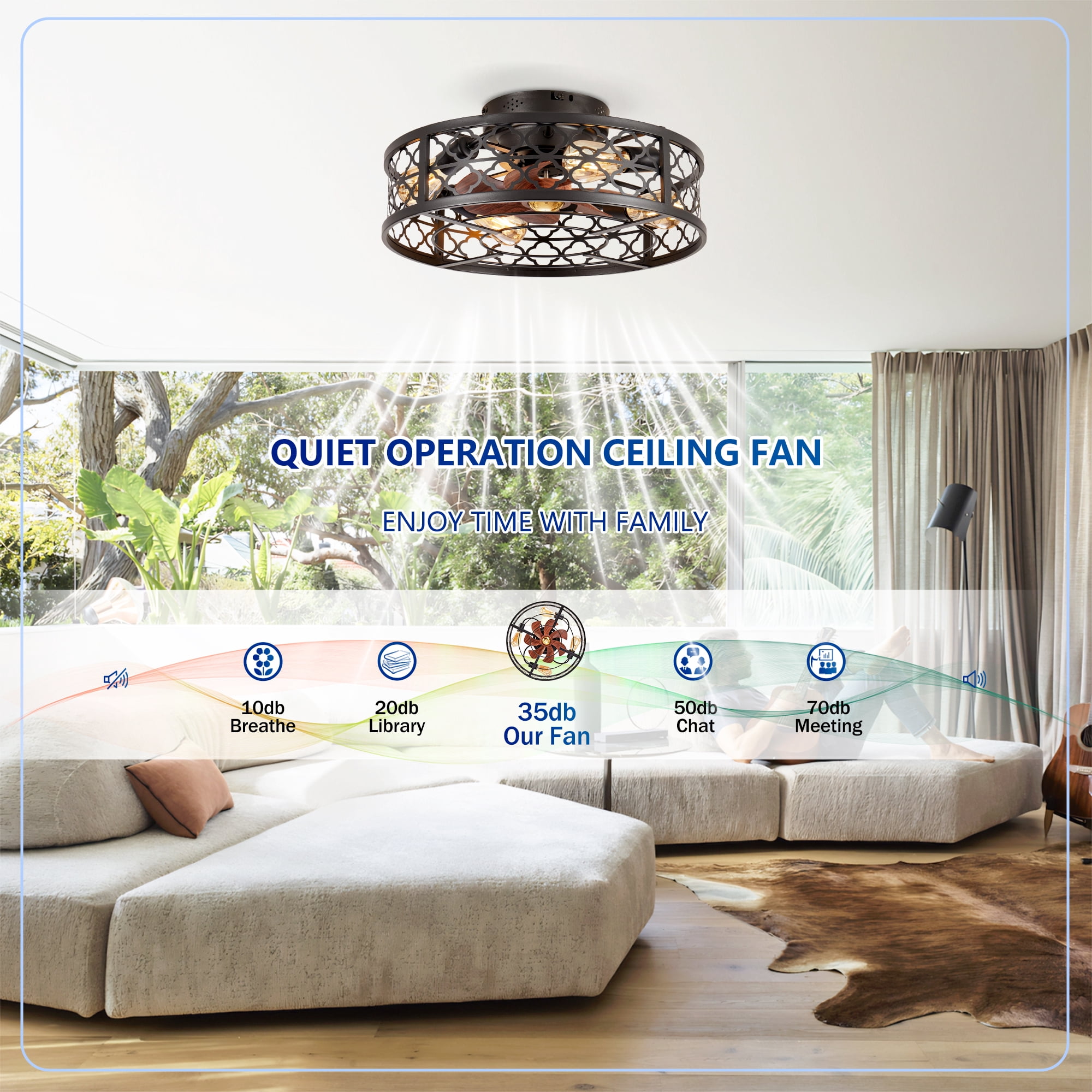 Leumius 20" Flower Style Iron Ceiling Fans with Lights and Remote, Farmhouse Flush Mount Ceiling Fan with 6 Speeds Reversible Motor for Living Room Bedroom Dining Room (NOT Included Bulbs)