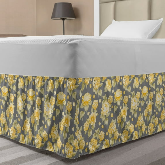 Flower Bed Skirt, Hydrangea Chrysanthemum Hortensia Pattern Countryside Old Style Illustration, Elastic Bedskirt Dust Ruffle Wrap Around for Bedding Decor, 4 Sizes, Yellow Grey Green, by Ambesonne