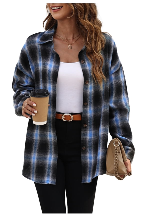 Plaid Flannel Shirts for Women Oversized Long Sleeve Button Down Shirts Blouses Tops