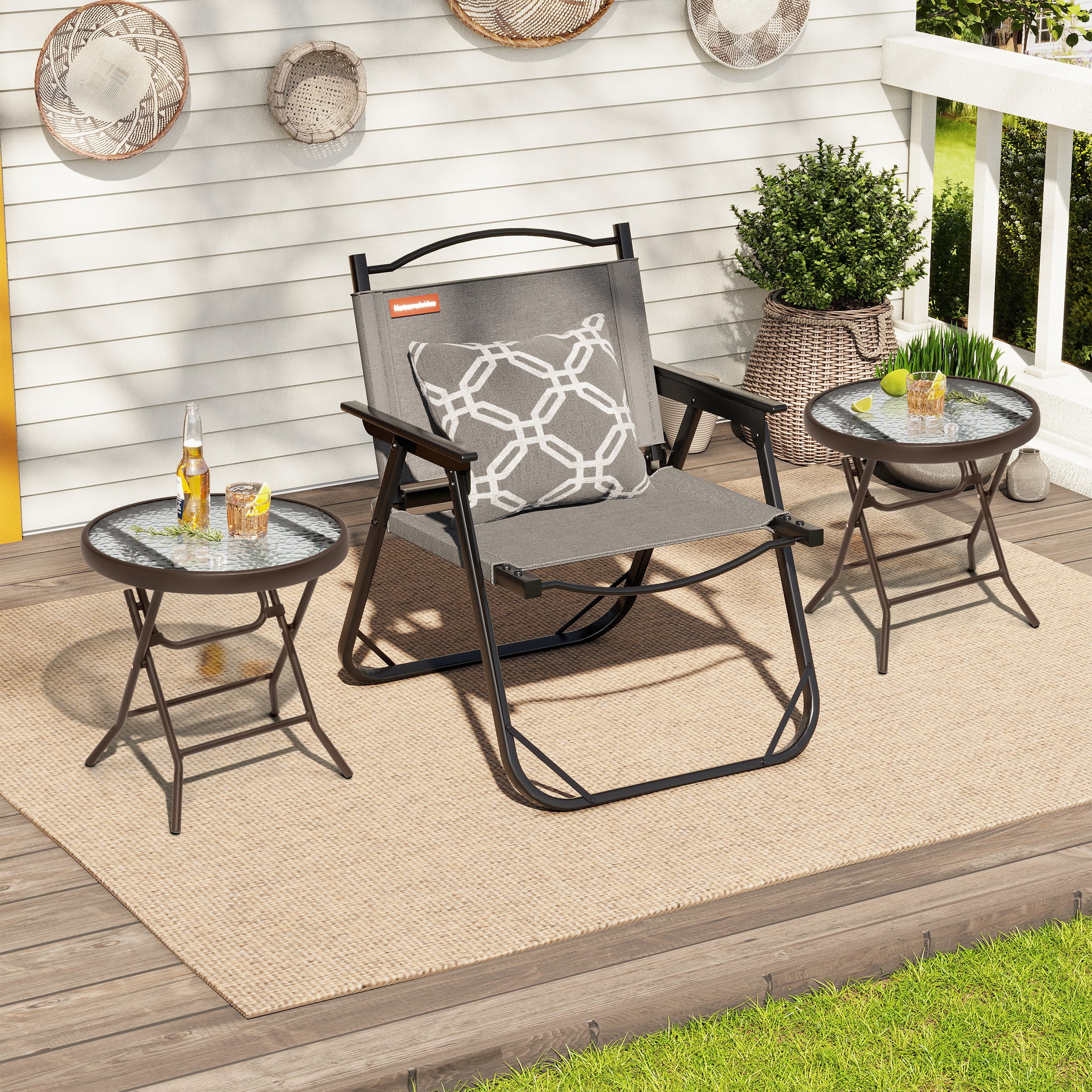 Crestlive Products Foldable Patio Side Table with Tempered Glass Top 18" Small Glass Patio End Tables (Brown，2PCS)