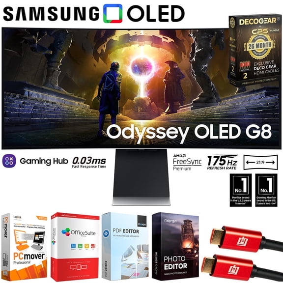 Samsung 34" Odyssey OLED G8 G85SD 175Hz 0.03ms Curved Gaming Monitor Bundle with Tech Smart USA Elite Suite 18, 2X 4K HDMI Cable & Deco Gear CPS Exclusive 26 Month Protection Pack (BEACH-CPS-261000)