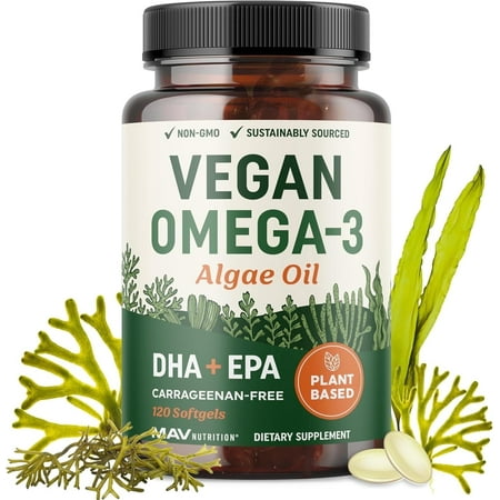 Vegan Omega-3 Algae Oil Softgels with DHA & EPA for Heart Health,120 Count