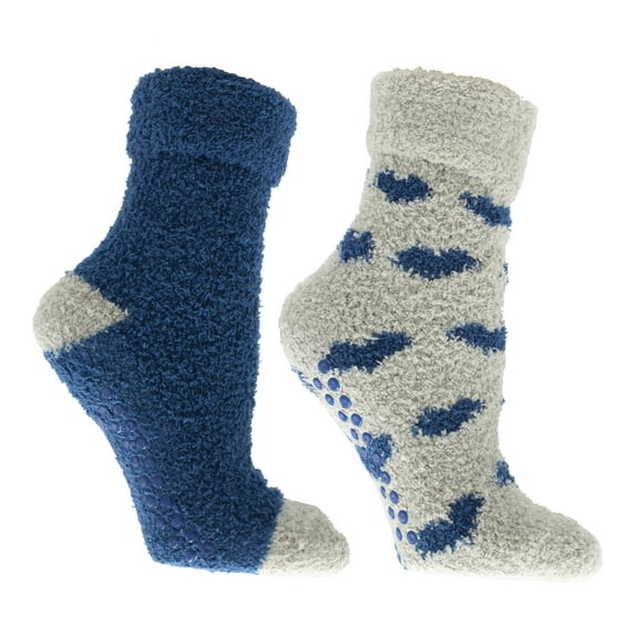 MinxNY Women's Non-Skid Warm Soft and Fuzzy Lavender Infused 2-Pair Pack Slipper Socks with Lavender Sachet Gift, Hearts, Navy & Tan
