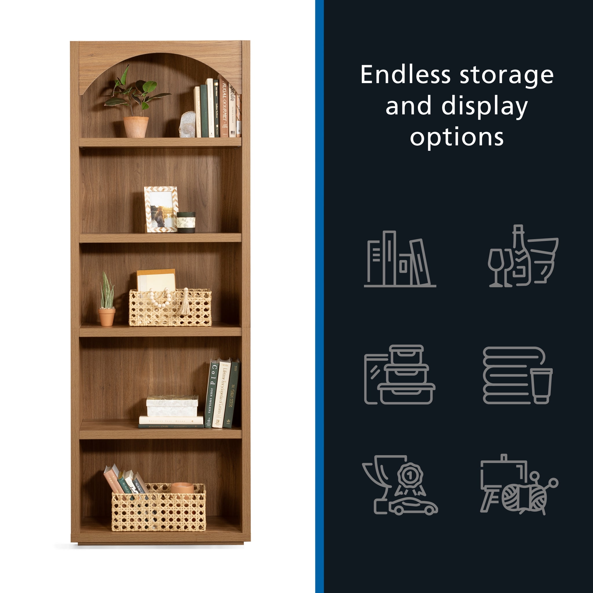 Mainstays 5 Shelf Westley Arch Bookcase, Warm Walnut Finish