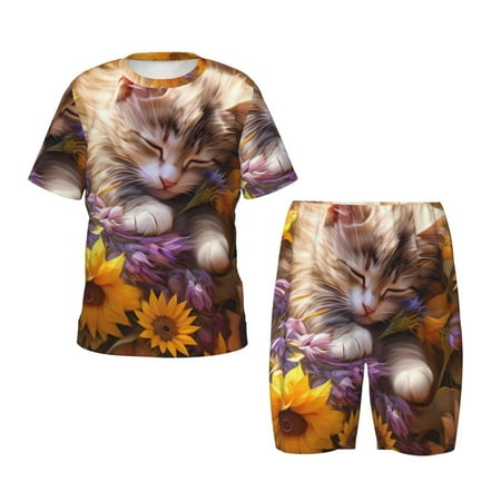 Luyuia Cute Cat Sunflower Print Girls  2-Piece Tie-Dye Pajama Set  Cute Summer Loungewear with Shirt and Tank Shorts Nightwear-4X-Large