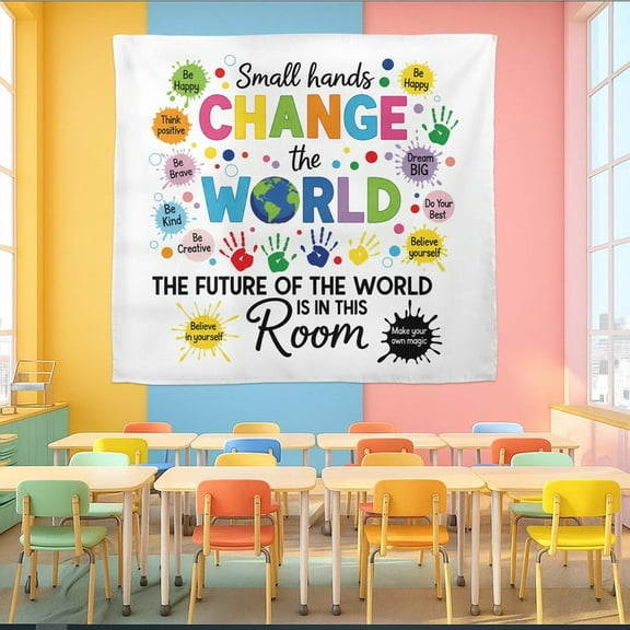 ViciArt Small Hands Change the World Classroom Tapestry – 30"x40" Polyester Motivational Teacher Wall Banner Decor