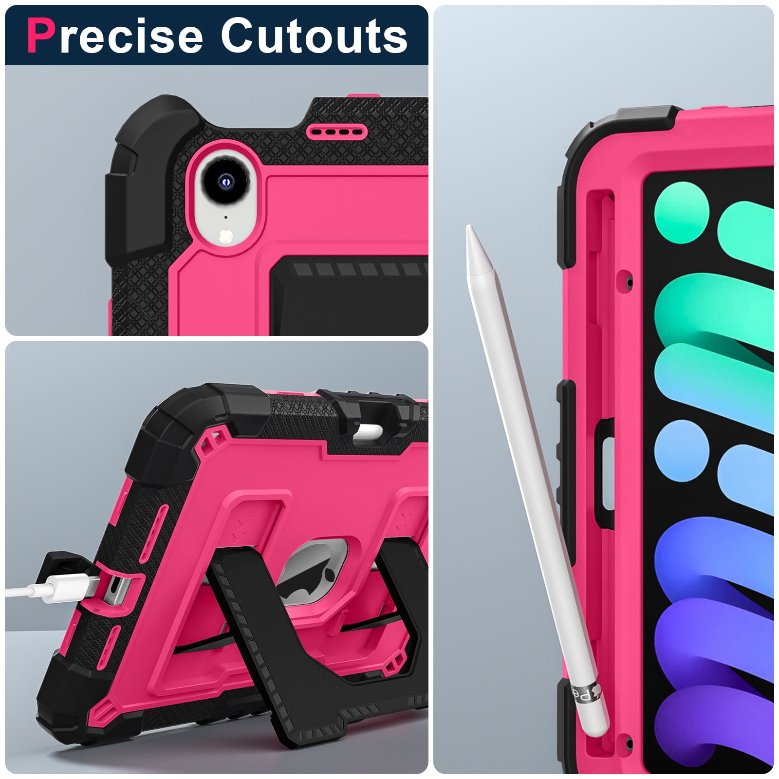 Dteck Case for iPad Mini 7 (A17 Pro) 2024 / Mini 6 2021 8.3 inch,Heavy Duty Kickstand Case with Shoulder Strap Shockproof Rugged Cover Built-in Pencil Holder for Pad Mini 7th/6th Gen 8.3",Black+Rose
