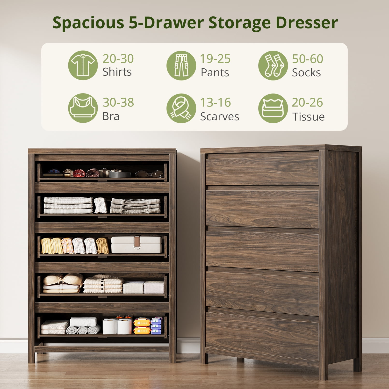 5 Drawer Dresser for Bedroom, 48" Tall Wooden Closet Dresser with Smooth Drawer, Large Tall Dressers & Chests of Drawers for Bedroom Living Room, Walnut Dresser
