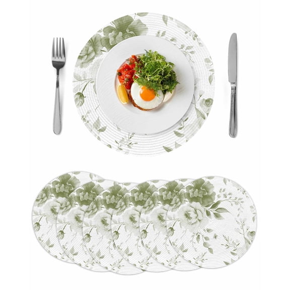 Sage Green Flower Round 15 Inch Placemats Set of 6, Watercolor Gradient Retro Floral HeatResistant Non Slip Place Mats for Dining Table, Wipeable Braided Kitchen Table Mats for Housewarming