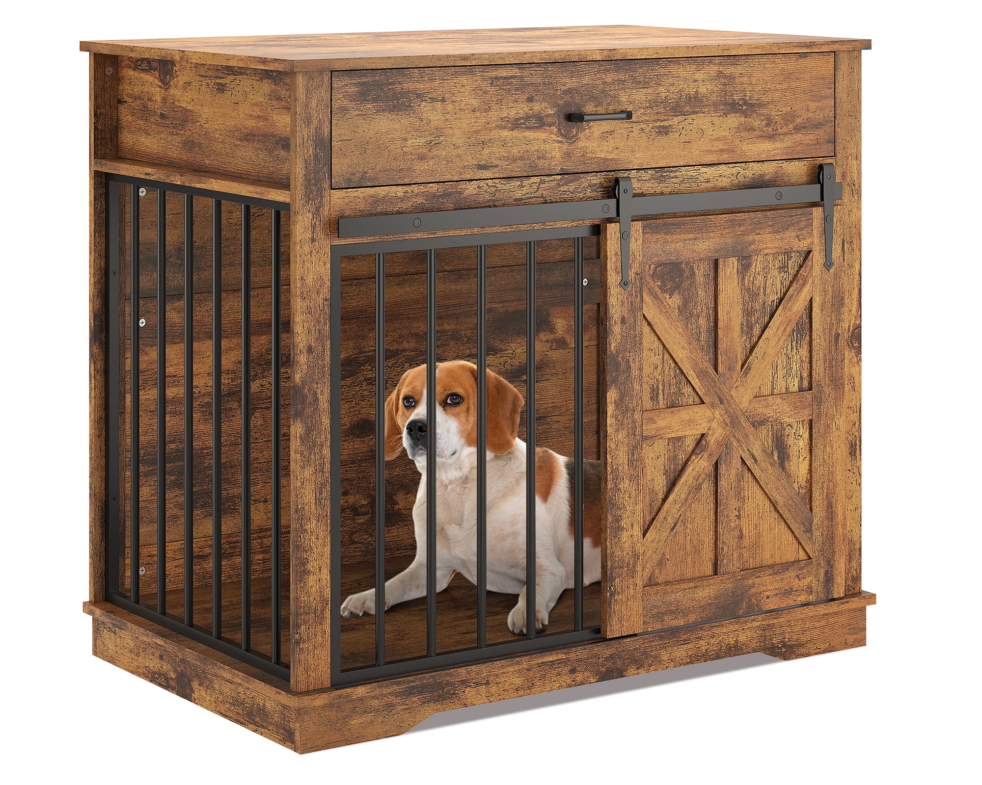 Danolapsi Farmhouse Style 2-in-1 Dog Crate,37.8" Dog Crate Furniture with Sliding Barn Door for Small/Medium Dogs, Dual Function as Side Table with Storage Drawer, 2-in-1 Iron-Wood Fusion Design
