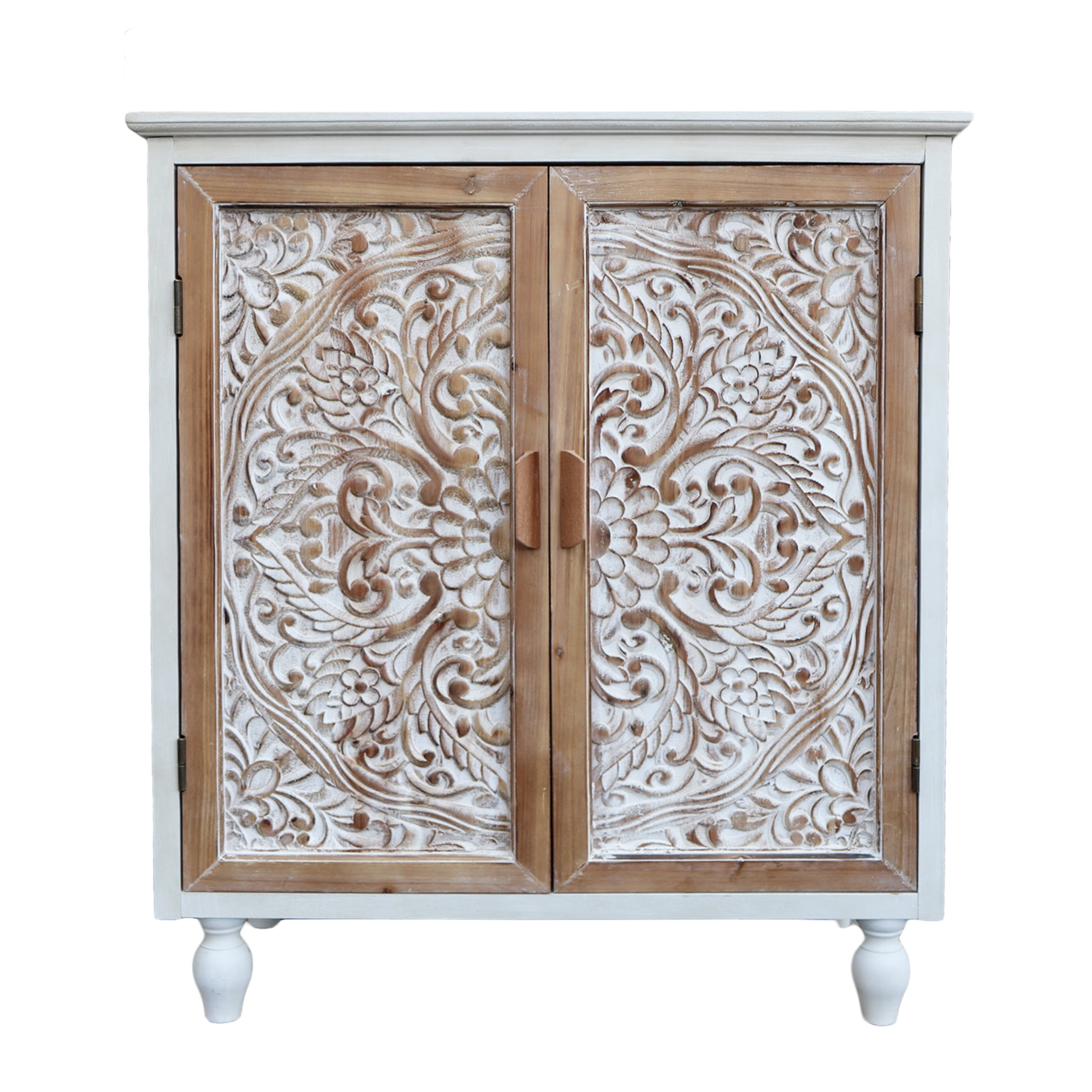 Parisloft Farmhouse Wood Storage Cabinet with Carved Doors and Movable Shelf, 34.5"H