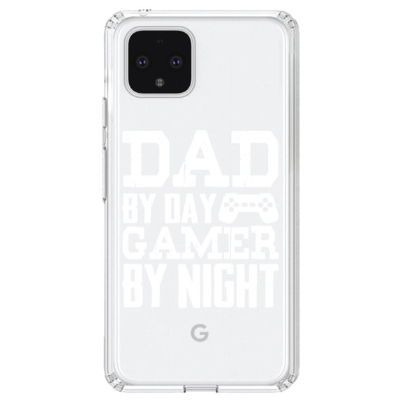 DistinctInk Clear Shockproof Hybrid Case for Google Pixel 4 (6.1" Screen) - TPU Bumper Acrylic Back Tempered Glass Screen Protector - Dad By Day Gamer By Night