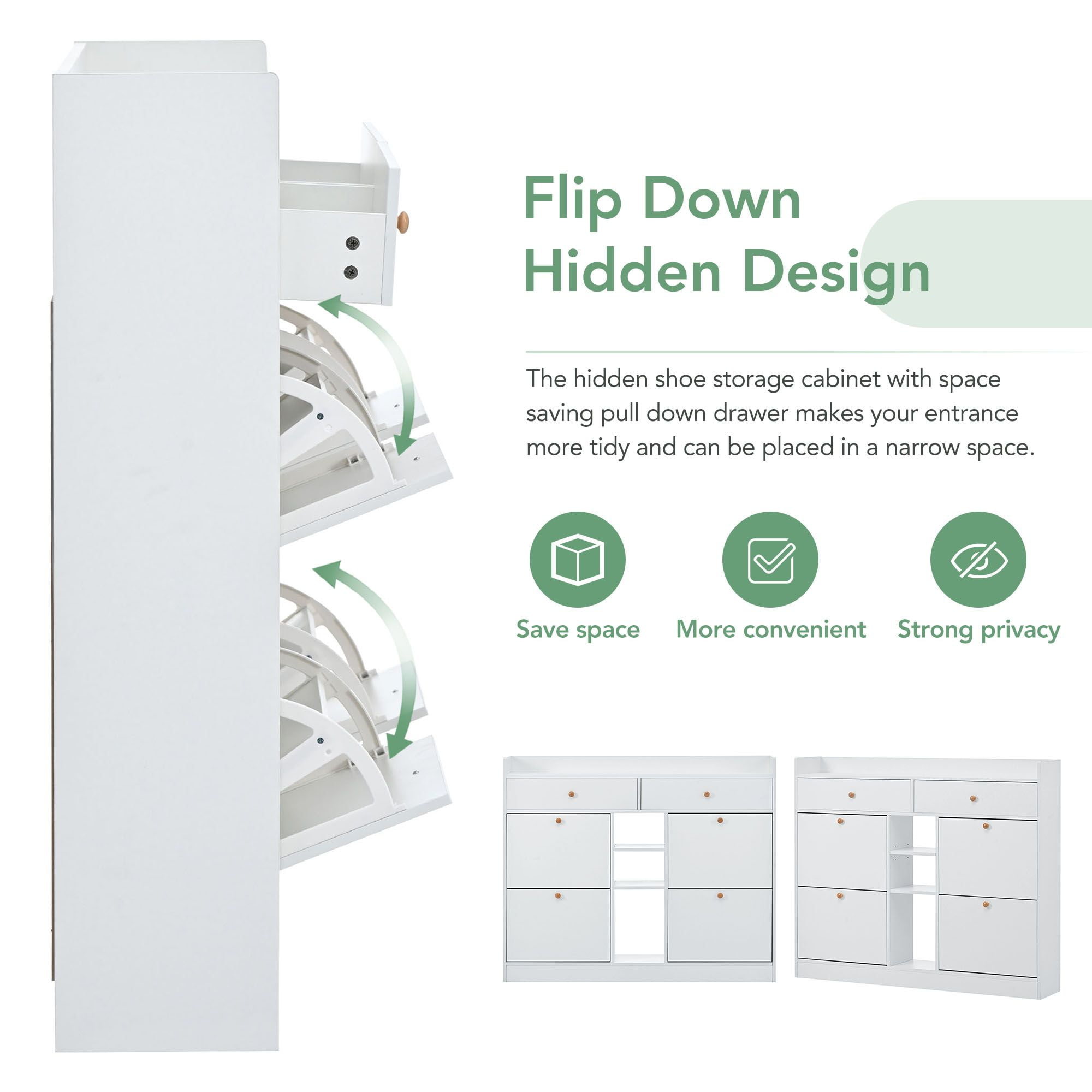 DEALTOPS Modern Freestanding Shoe Cabinet with 4 Flip Drawers and Open Shelves, Stylish Shoe Rack with 2 Storage Drawers for Entryway - White