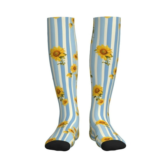 Rateoe Blue White Striped Sunflower Compression Socks for Women and Men 20-30mmHg-Circulation Support Socks Knee High Nurse Pregnant Running Medical and Travel Athletic