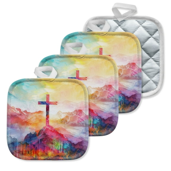 4 Pack Pot Holders,Kitchen Essential, Potholder Set,Cross Standing Tall Above A Colorful Mountain Range