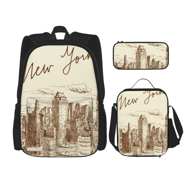 Easygdp New York Mochila para Niños y Niñas con Set de Caja de Almuerzo y Estuche para Lápices 3 en 1, Mochila Escolar Estampada para Adolescentes