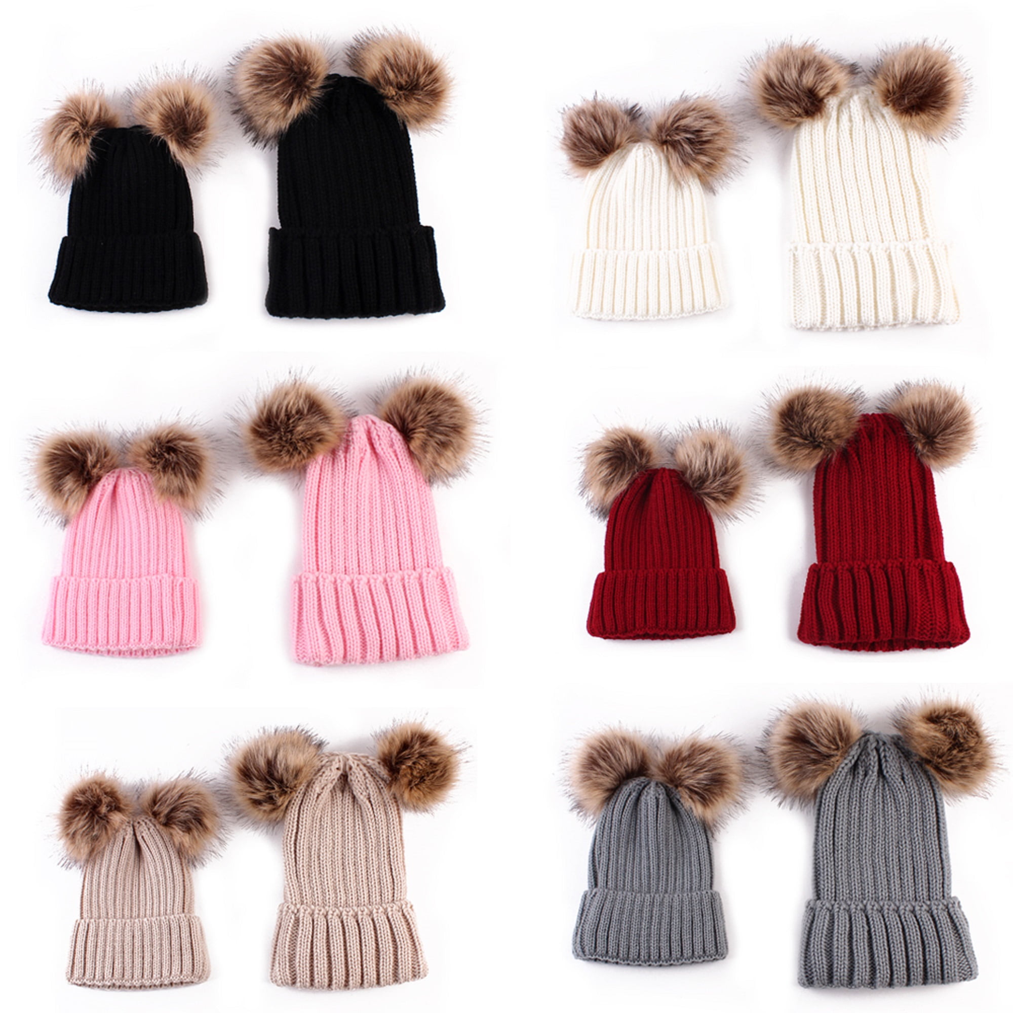 Double Hairball Knitted Hats for Mommy and Me