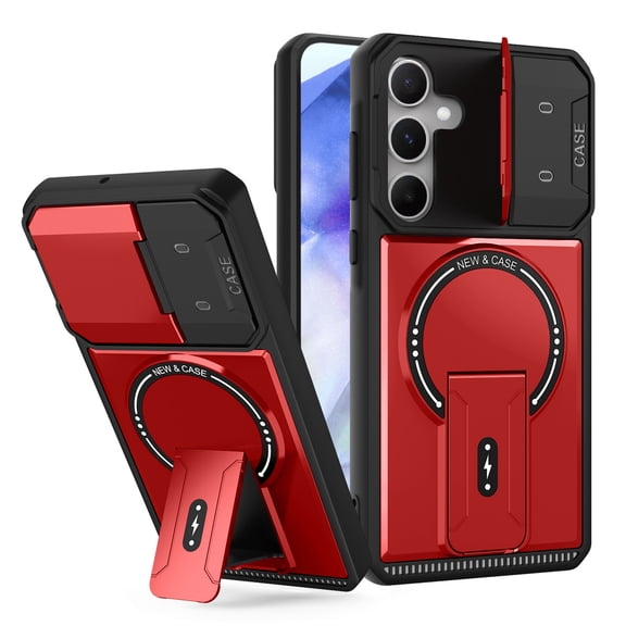 Magnetic For Samsung Galaxy A25 5G Case Rugged, [Built in Hidden Kickstand] [Compatible with Magsafe] [Military Drop Protection] Camera Lens Cover Shockproof Heavy Duty Phone Case,Red