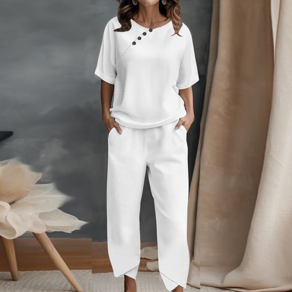 Women Short Sleeve Decorate Button Solid T Shirt Top Blouse And Long Pants Trousers 2 Piece Set Outfit Women Holiday Outfits Snow Pants Womens Overall Dresses for Women Elegant plus Size Juniors Suits