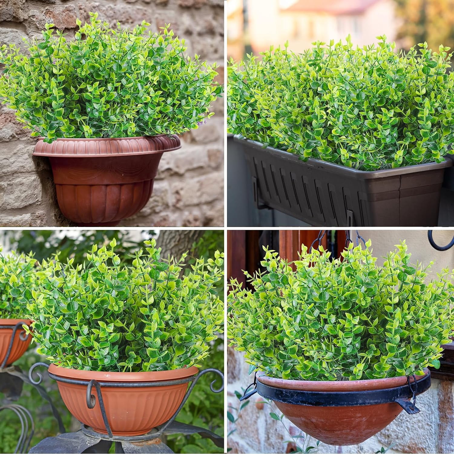 24 Bundles Artificial Eucalyptus Grasses for Spring Decoration, Outdoor UV Resistant Faux Plastic Greenery Boxwood Stems for Indoor Outside Window Box Porch Hanging Basket Decor (Green-eucalyptus)
