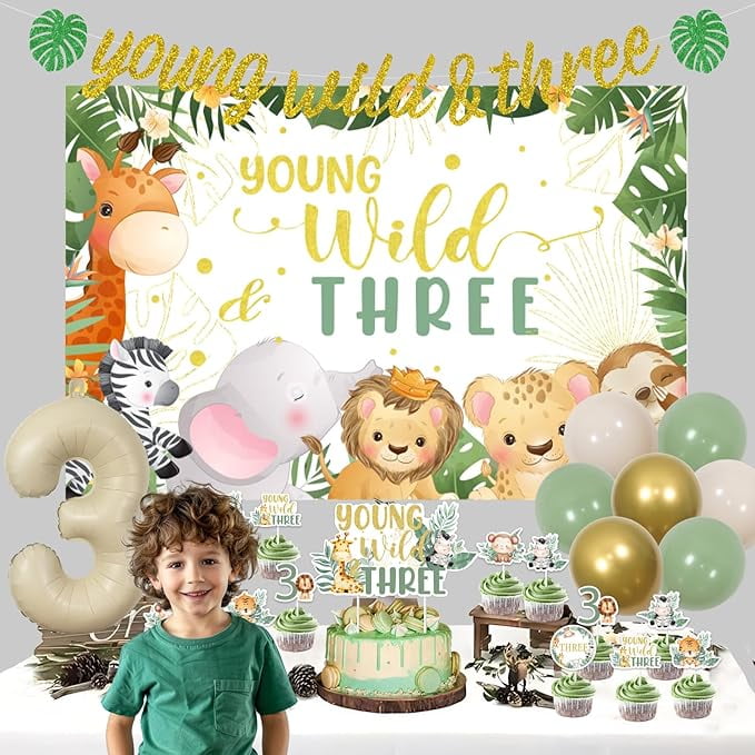Young Wild And Three Decorations, Jungle Safari 3rd Birthday Decorations Backdrop Banner Jungle Animal Cake Cupcake Toppers Number 3 Foil Balloon for Boys 3rd Birthday Decor