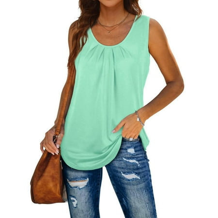 DondPO Going Out Tops for Women Corset Tops Womens Tank Tops Round Neck Sleeveless Shirts Pleated Casual Solid Blouse Tank Top for Women Camisole Tops Green XL
