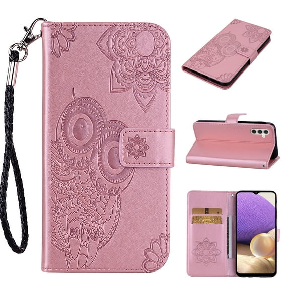 Feishell Wallet Case for Samsung Galaxy A15,Owl Embossed Pattern Premium PU Leather with Card Holder Magnetic Clasp Flip Holder Phone Case Cover for Samsung Galaxy A15,Rosegold