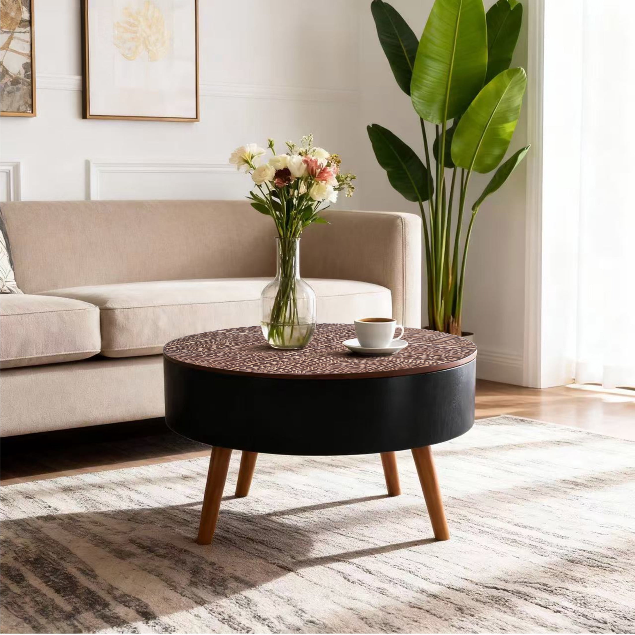 Noble House Tappen 31.5" Round Coffee Table with Engraved Top, American Wood Side Table for Small Spaces, Black