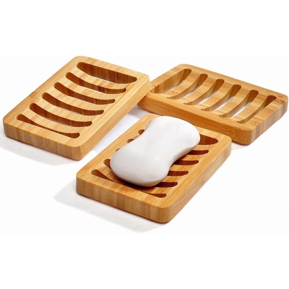 3-Pack Bamboo Wood Self-Draining Soap Dish, Waterfall Drain Soap Saver