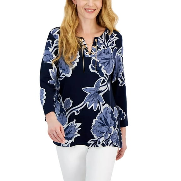 JM Collection Women's 3/4 Sleeve Printed Chain Lace-up Tunic – Intrepid Blue, M