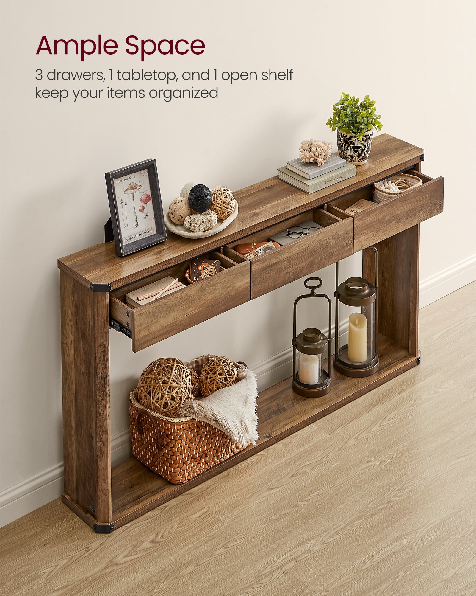 Console Table 47.2 Inches Sofa Table Narrow Entryway Table Entry Table with 3 Drawers Bottom Shelf Metal Corners Honey Brown