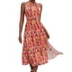 thumbnail image 1 of Vestido con cuello halter para mujer, elegante, a la moda, con cintura elástica, vestido sin espalda con estampado floral, rojo L, 1 of 9