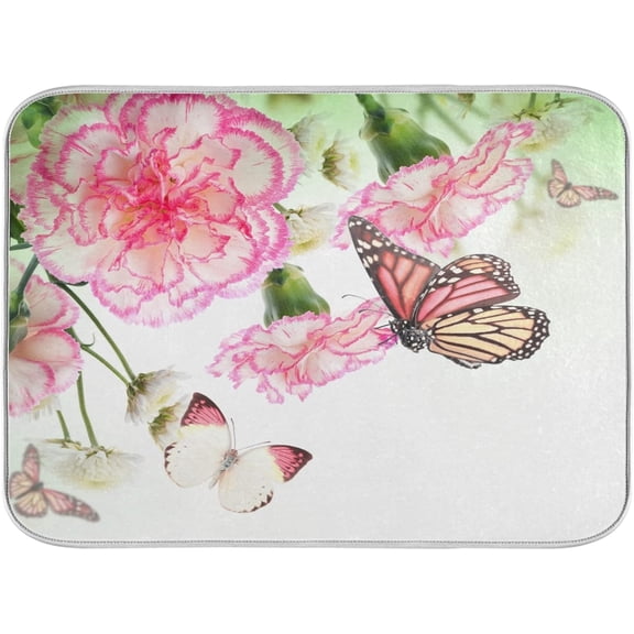 Dish Drying Mat for Kitchen Counter 18 x 24 Inch Pink Roses Butterfly Super Absorbent Microfiber Dish Drainer Rack Mats Soft Heat Resistant Drying Protector Pad