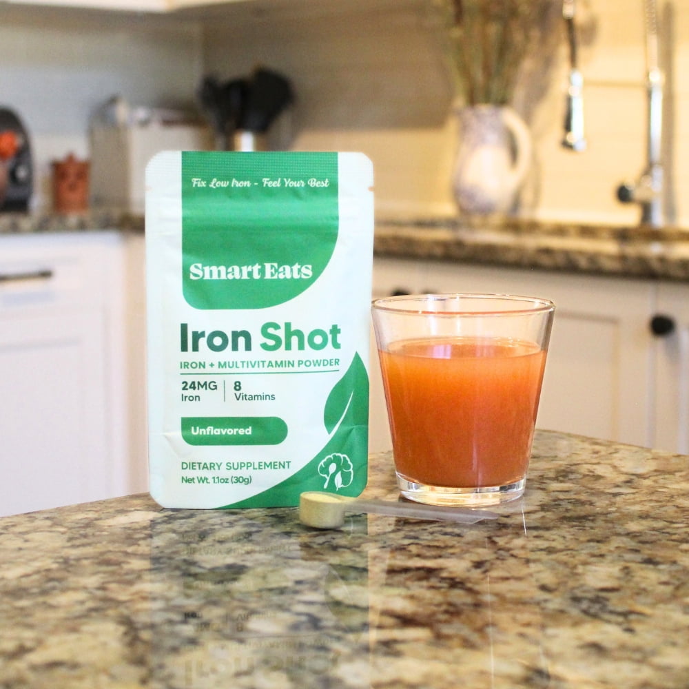 Smart Eats Iron Shot: 2-in-1 Iron-Multivitamin Blend | Highly Absorbed | Avoid Side Effects | 24mg Ferrous Glycinate | Vitamins B12, C, D, More | Boost Hemoglobin, Ferritin | Unflavored | 30 Scoops