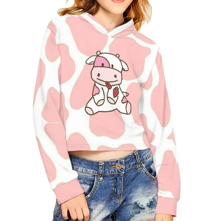 

Renewold 5-6 Years Kids Girls Crop Tops Pullover Sweatshirts Pink Funny Cow Graphic Hoodies Warmth Comfy Shirts Cold Weather Outgoing Short Blouse