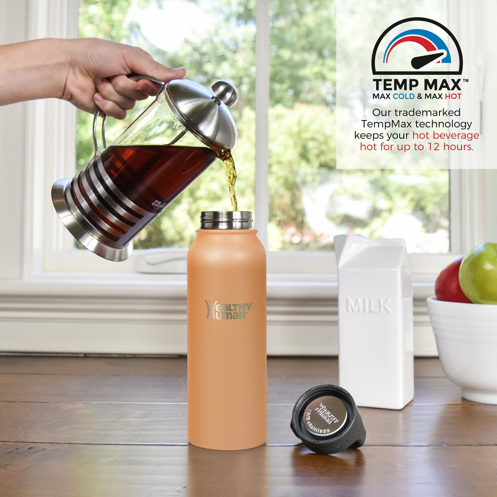 Healthy Human Stainless Steel Water Bottle | Double Walled Vacuum Insulated Water Thermos for Adults | Eco-Friendly Travel Bottles with Leak Proof Lid (Mocha, 21 oz/ 621 ML)