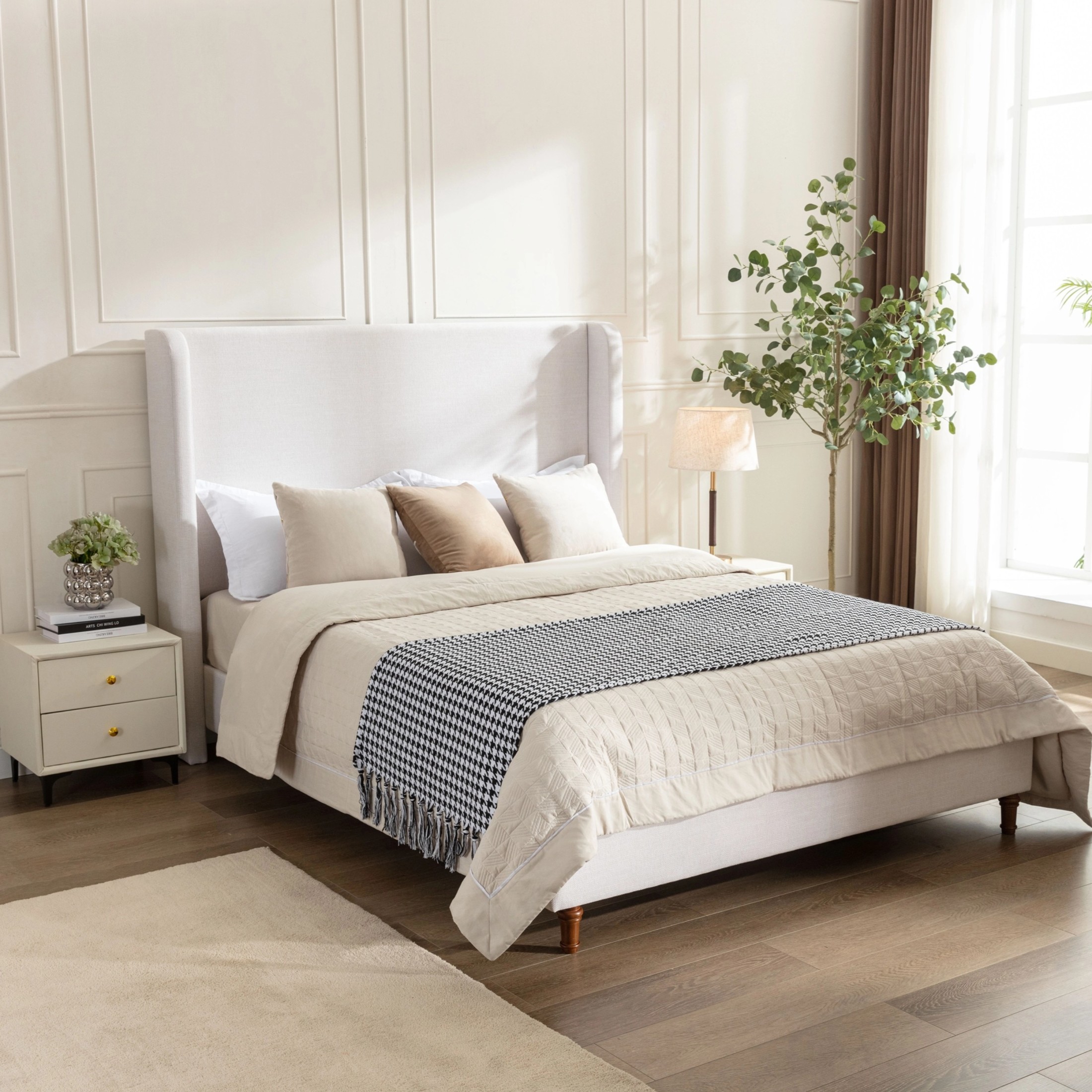 Noble House Hayden Queen Upholstered Bed Frame, 54" Tall Chenille Headboard with Curved Wingback, Ivory
