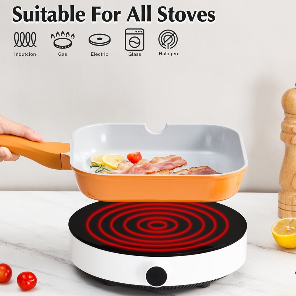 Koch Systeme CS 11 inch Nonstick Grill Pan, Square Skillet with Stay-Cool Handle, Compatible with All Stovetops, Even Heating, Copper