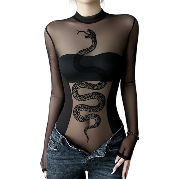 Women's Mock Neck Sheer Mesh Black Bodysuit Snake Pattern Stretchy Fabric Jumpsuit Top For Clubwear And Special Event