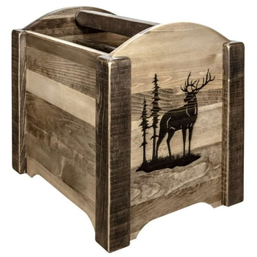 Homestead Collection Magazine Rack w/ Laser Engraved Elk Design, Stain & Clear Lacquer Finish