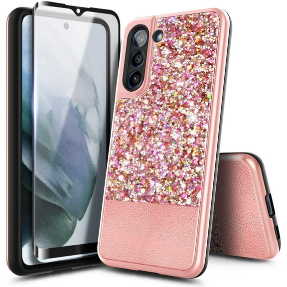 Nagebee Case for Samsung Galaxy S21 FE 5G with Tempered Glass Screen Protector (Full Coverage), Sparkle Glitter Bling Leather Protective Shockproof, Cute Phone Case for Kids Women Girls (Rose Gold)